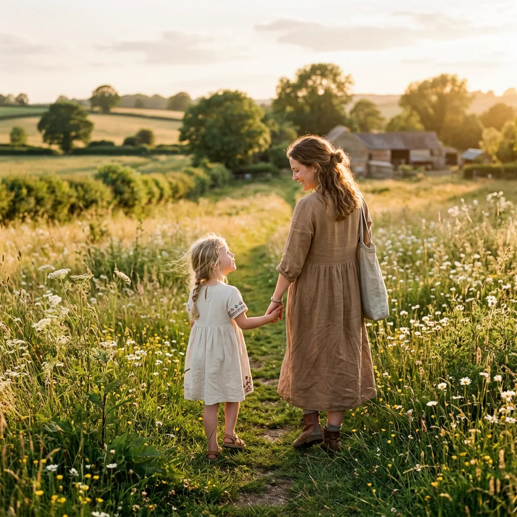 Mãe e filho caminhando em um campo ensolarado no pôr do sol